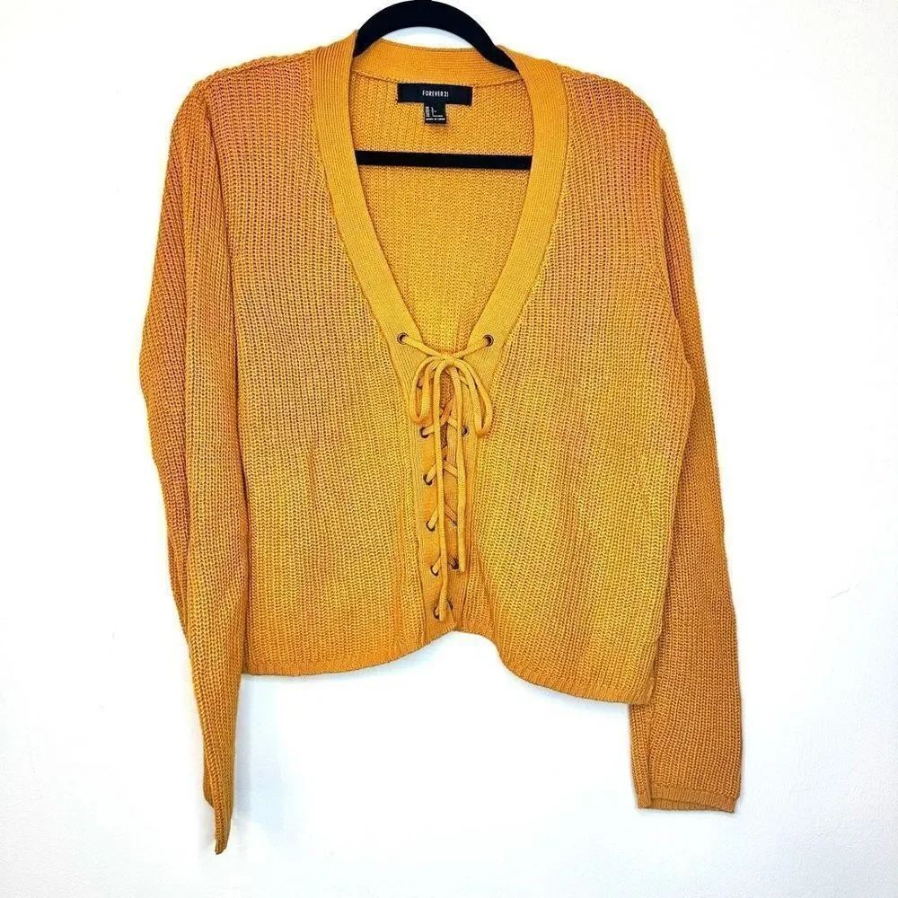 Forever 21 Long Sleeves Knit Caged Lace Up Mustard Cardigan Sweater Large